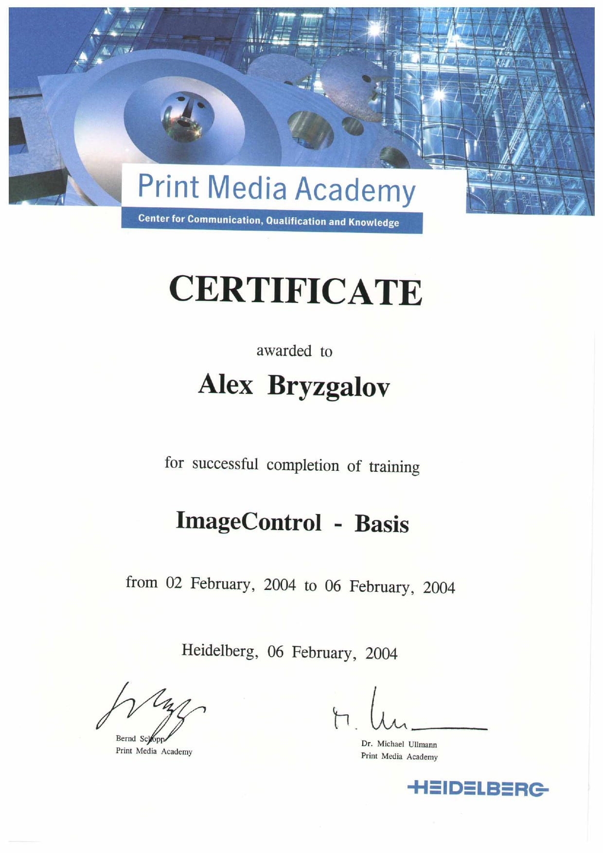 Alex Bryzgalov Heidelberg certificate